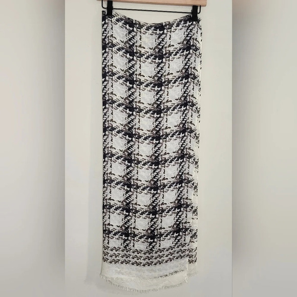 Ivory Black Brown Tweed Print Scarf Sheer Contemporary Dark Academia Raw Edge - Picture 6 of 6